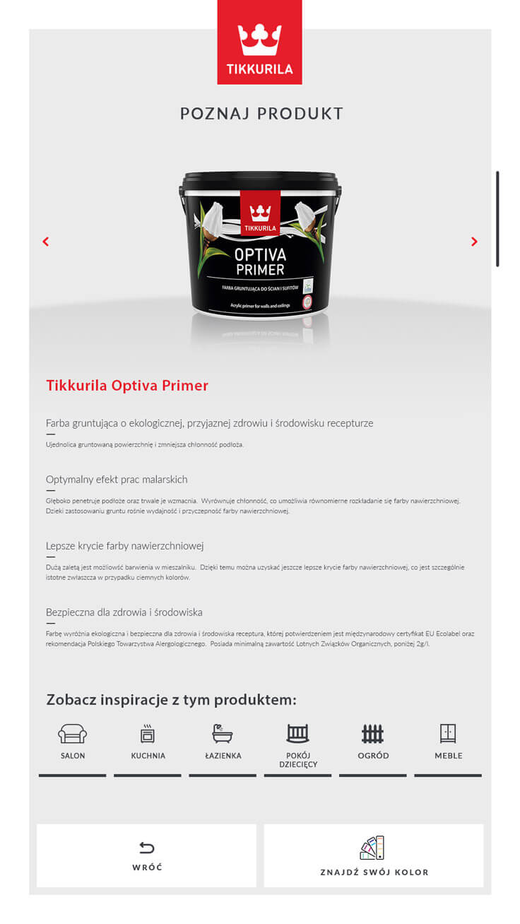 Projektowanie aplikacji - Tikkurila, widok produktu