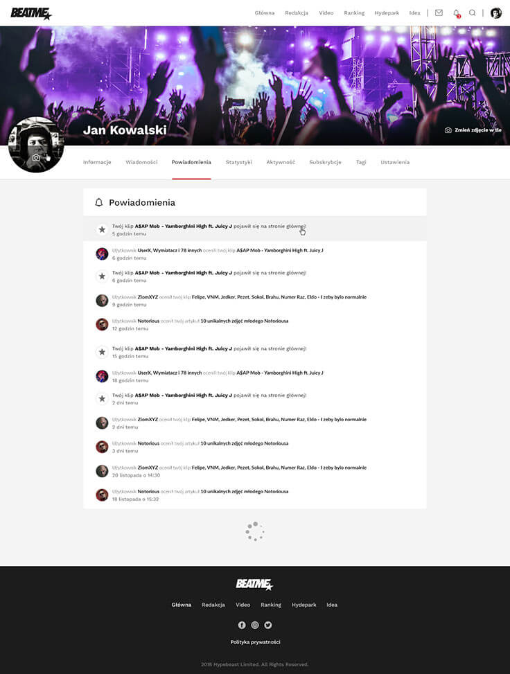 Projektowanie stron www - Beatme, panel użytkownika